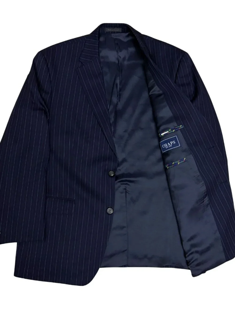 CHAPS Pinstripe SUIT WOOL Blue Business Designer Blazer & Pants Mens 42R